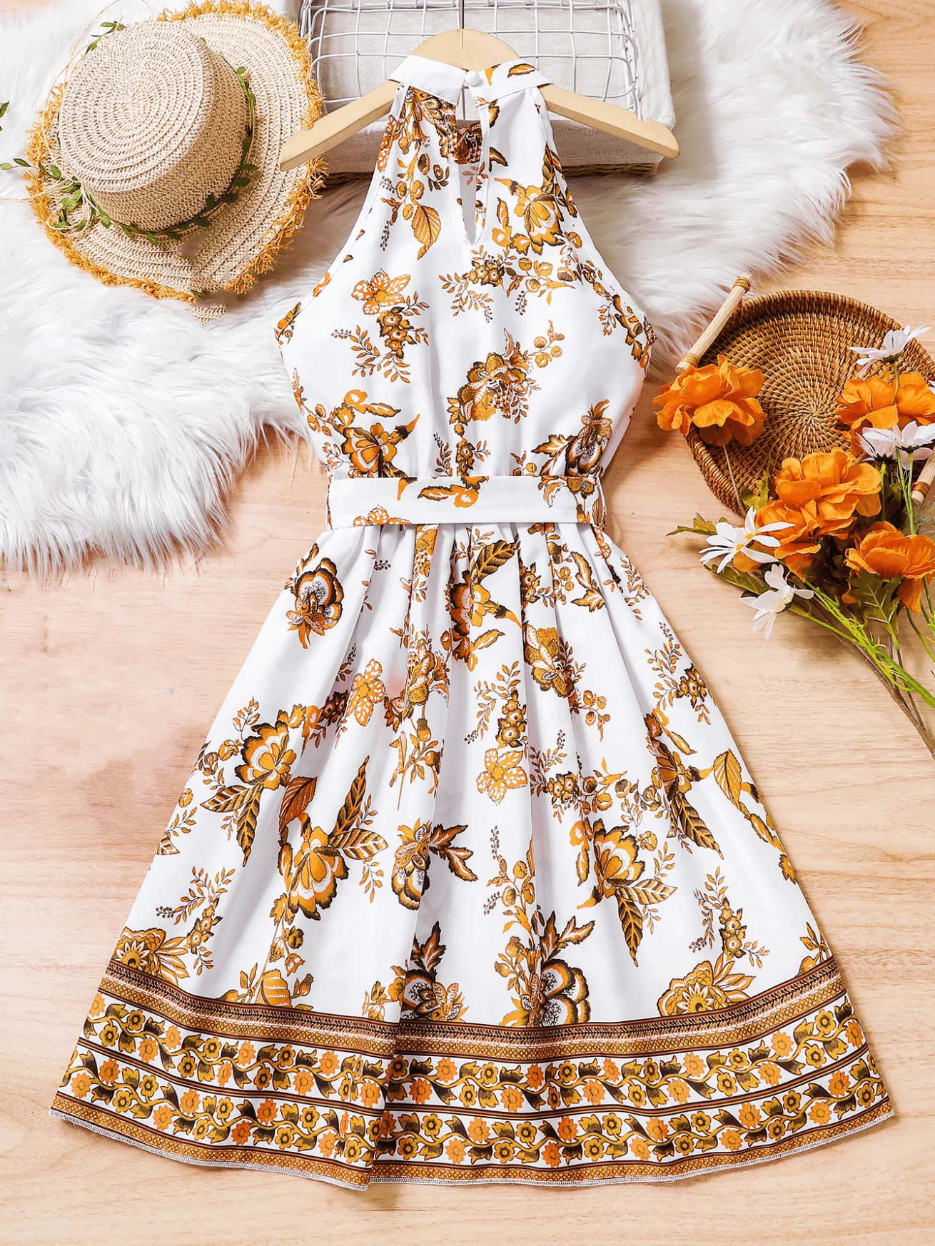 Must-have for summer: elegant floral printed white dress with belt design for vacation and daily wear
