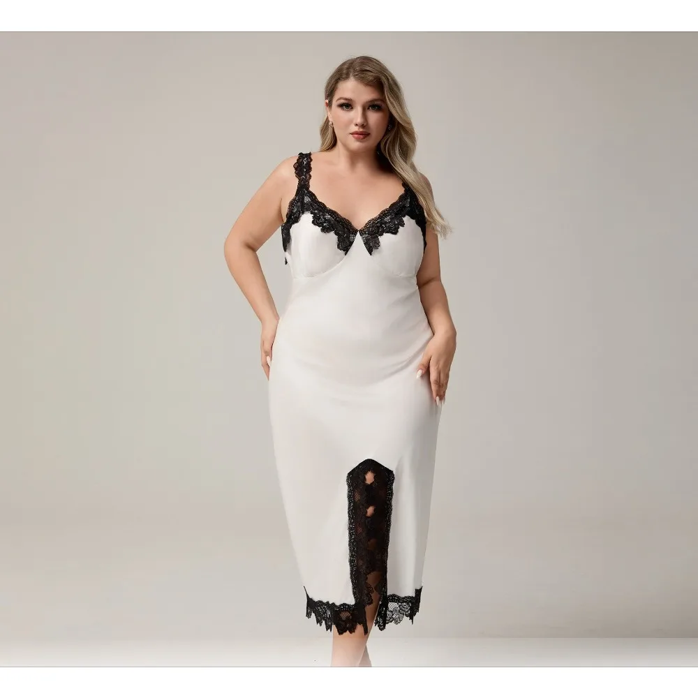 

Large Size Silk Satin Suspender Pajamas Women's Summer Lace Patchwork Sexy Split Pajamas Long Loungewear