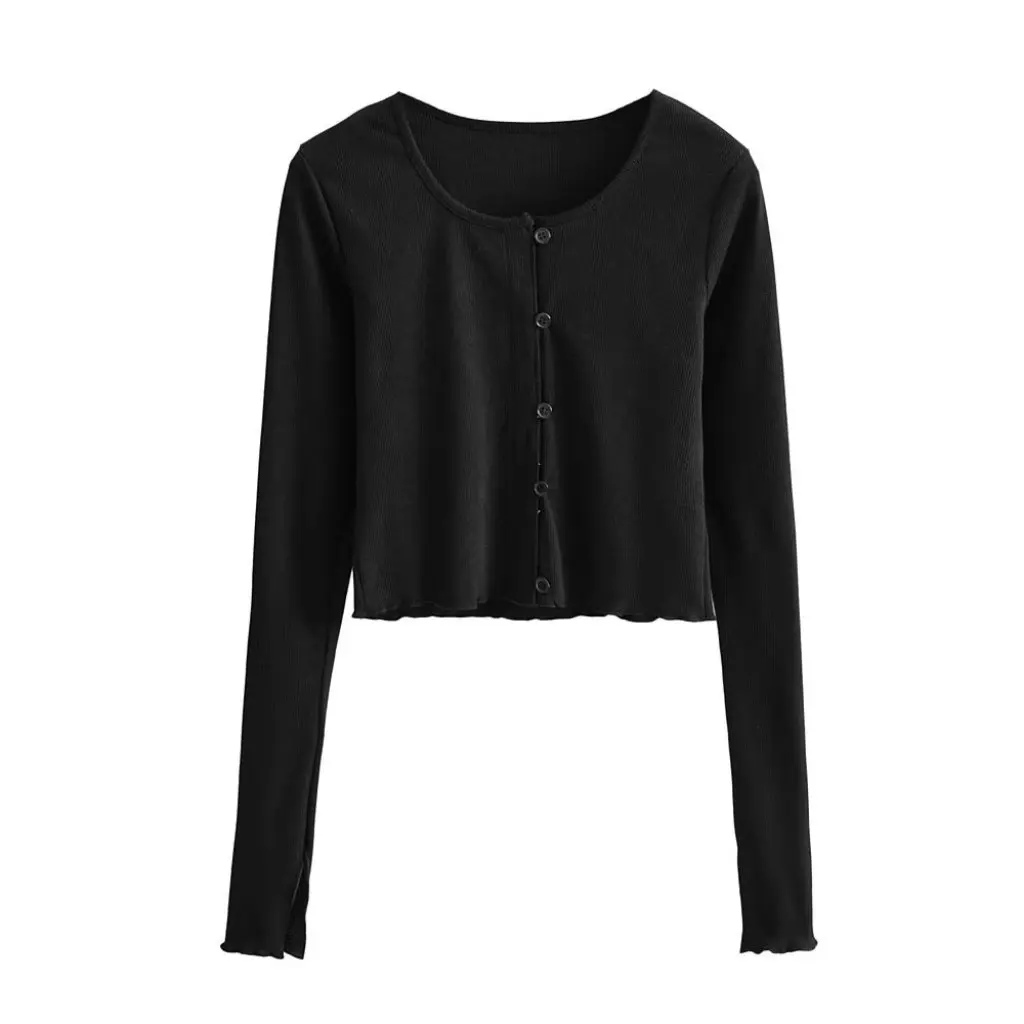 

YPFF trendy women's wooden ear single-breasted knitted cardigan long-sleeved T-shirt solid color round neck short bottoming top