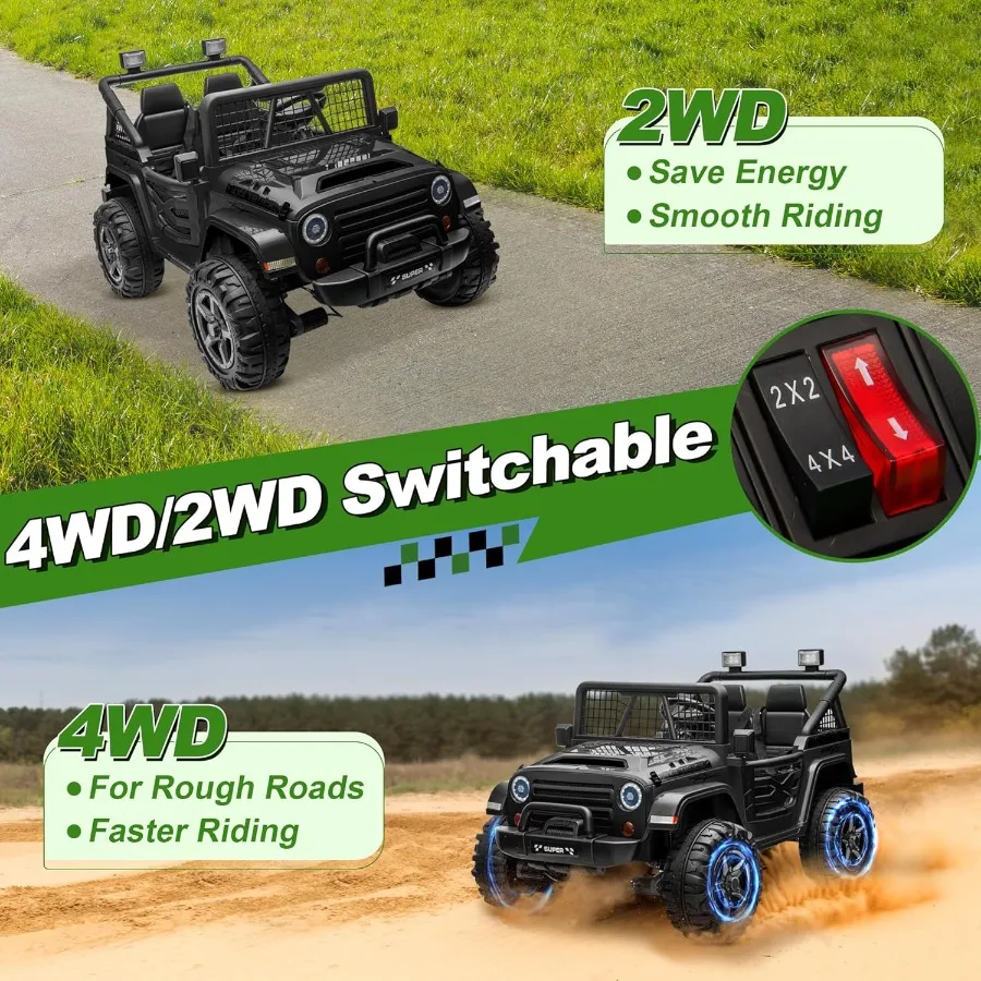 24V XL Ride on Car with Remote Control, 2 Seater 4WD/2WD Switchable Electric Car for Kids w/20 Inch Wide Seat, 4X200W Power Car