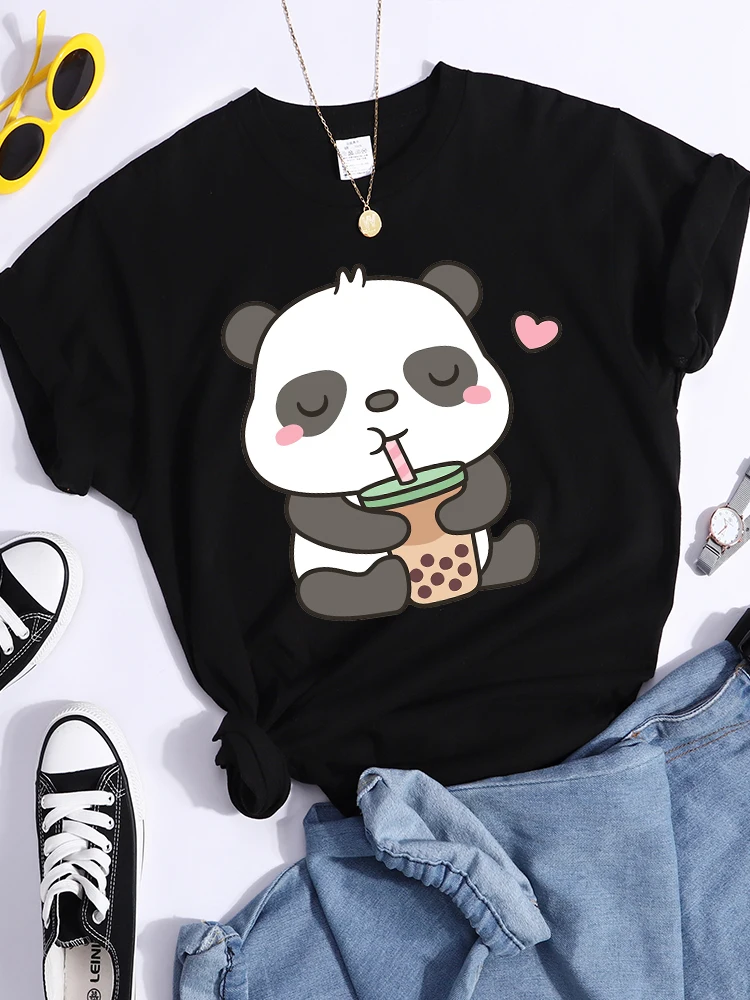 Kawaii Panda And Its Favorite Bubble Tea Female T-Shirt Street Personality Crop Top Summer Casual Tees Shirts Cool Sport Tshirts