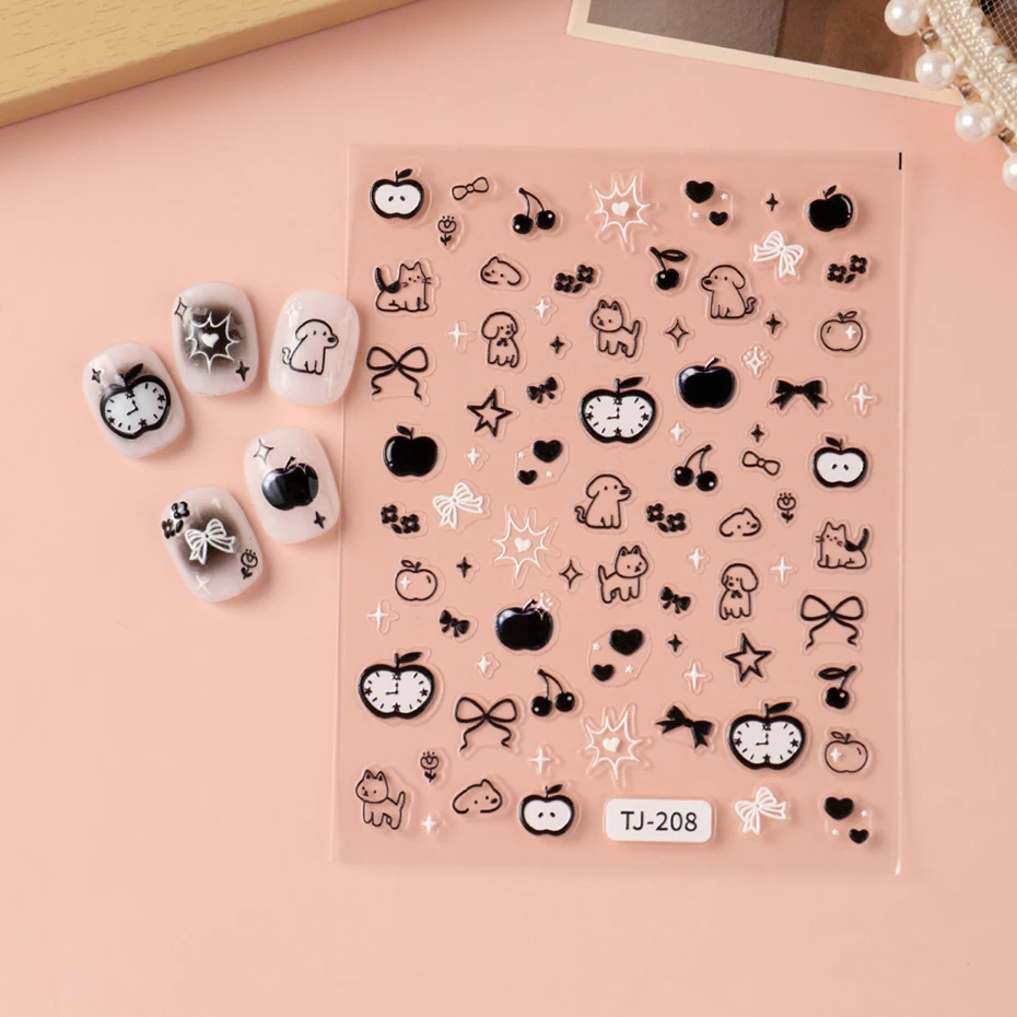 2 pezzi 5D in rilievo Graffiti Cane Gatto Adesivi per unghie Ciliegia Mela Decalcomanie adesive per unghie Tema frutta animale Decorazioni per unghie usa e getta