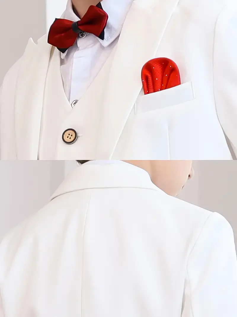 Boys White 5Pieces/Set Jacket Vest Pants Bowtie+Pocket Cloth Wedding Suit Children Birthday Party Dress Kids Performance Costume 5