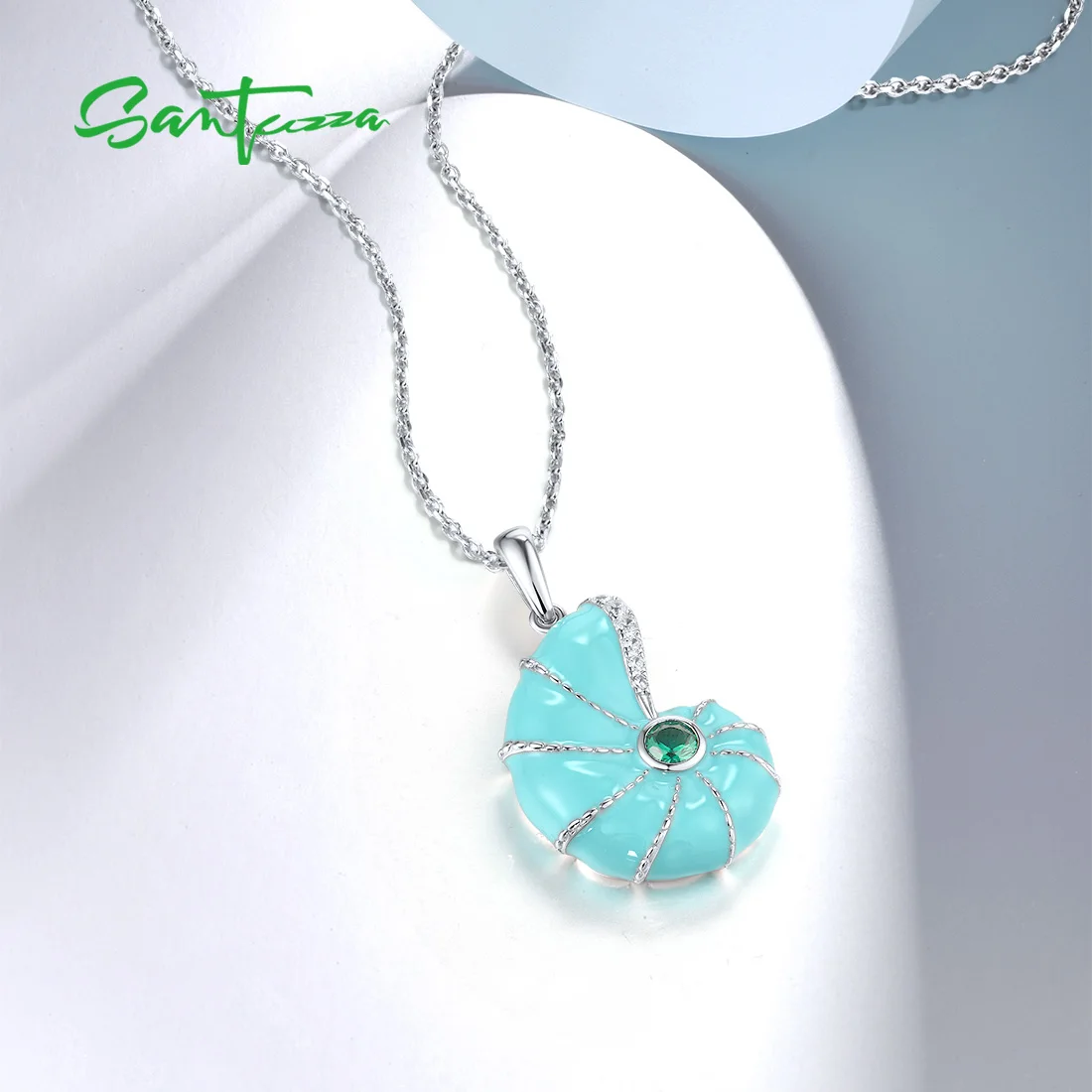 SANTUZZA Pure 925 Sterling Silver Pendant for Women Sparkling Green Spinel Enamel Cute Sea Snail Trendy Party Gift Fine Jewelry
