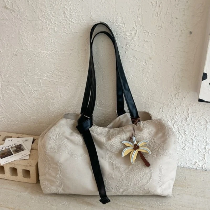 

Korean Style Flower Embroidery Canvas Nylon Tote Bag Large Capacity Casual Shoulder Bag Fashion Versatile Commuter Bag for Women