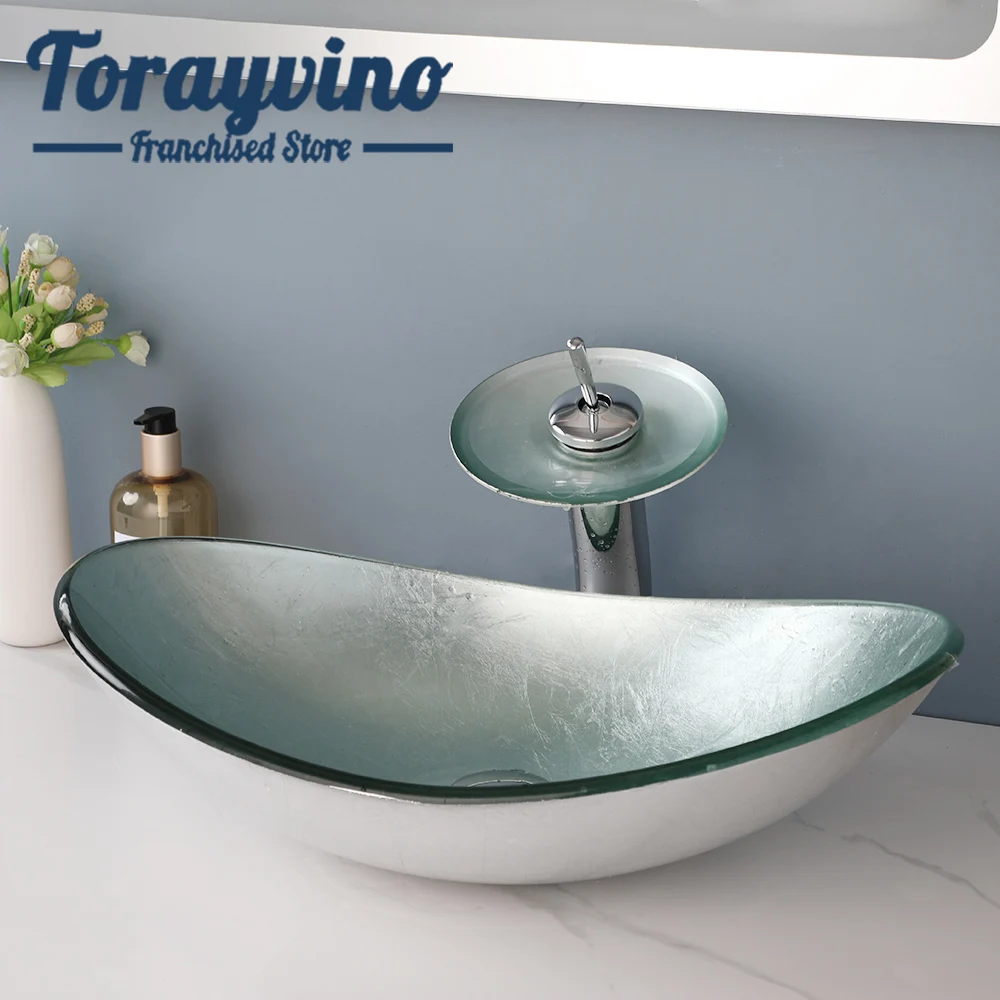 TORAYVINO Bathroom Basin Sink Faucet Set Artistic Tempered Glass Oval Vessel Sink Above Counter with Chrome Finished Faucet