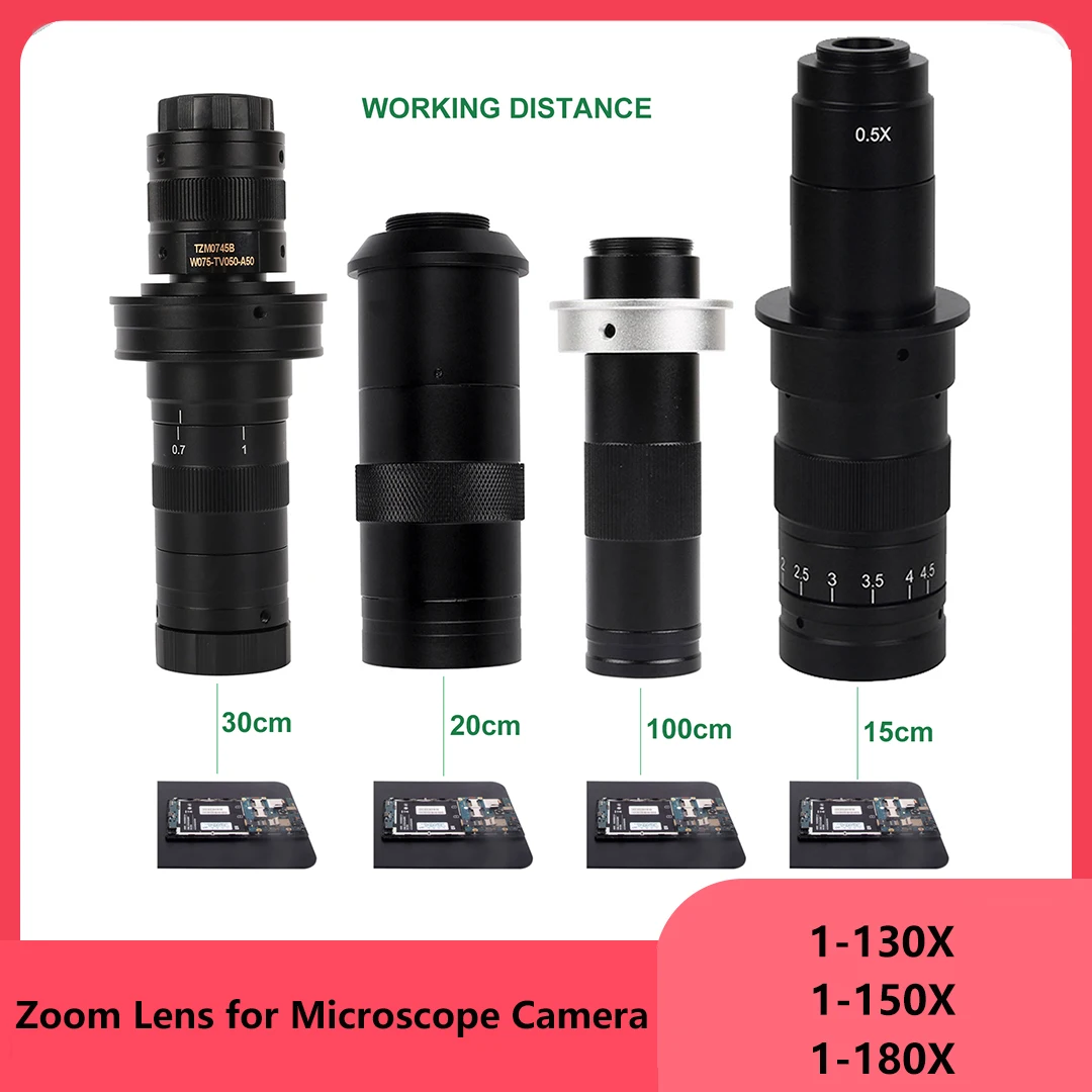 Regulowane powiększenie 130X 150X 180X 42/50mm obiektyw mikroskopu Zoom C mocowanie obiektywu do HDMI VGA USB cyfrowa kamera mikroskopowa