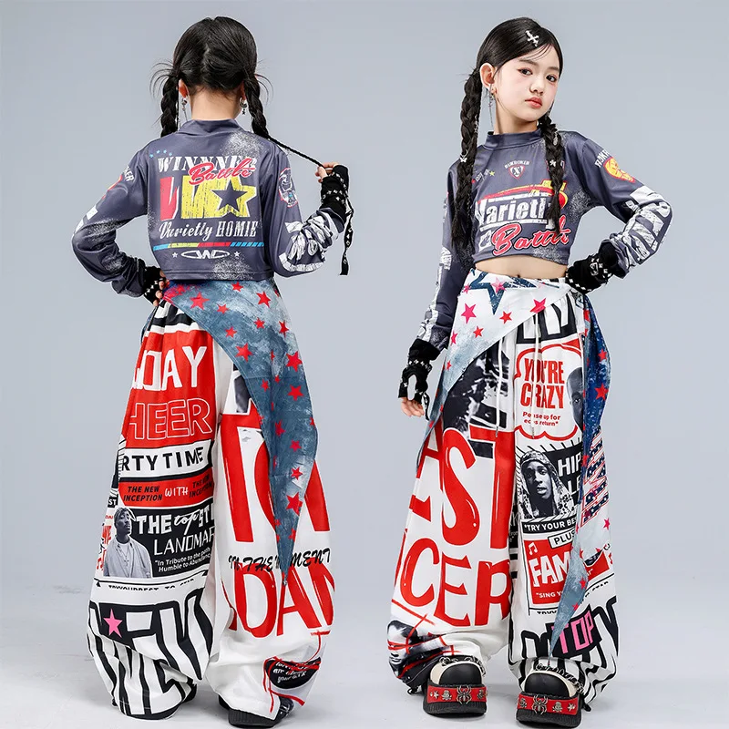 Kid Kpop Hip Hop Clothing Gray Black Print Crop T Shirt Top White Graffiti Dopamine Pants for Girl Street Dance Costume Clothes view 2
