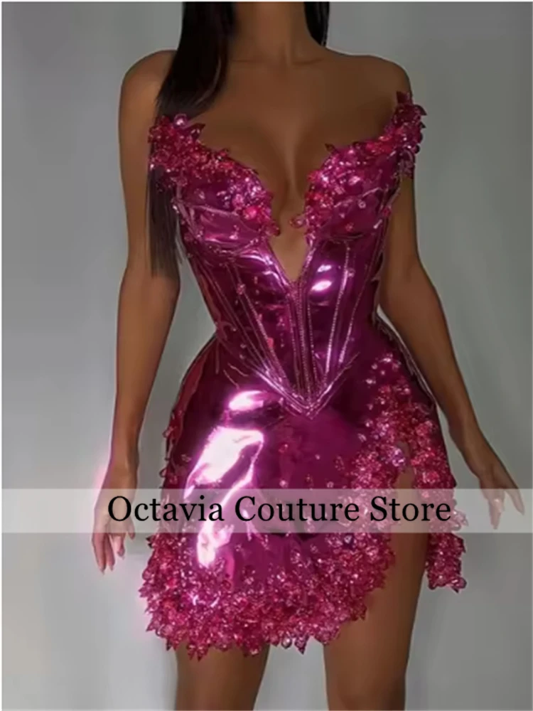 

Shiny Fuchsia Bead Crystal Short Party Dress Sexy Cocktail Dresses Beading Crystal 2024 Prom Dress Club Wear Mermaid Customized