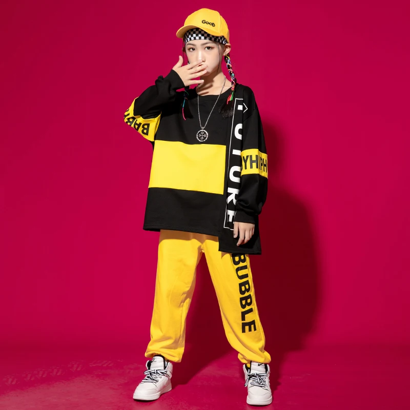 Kids Kpop Hip Hop Dancing Clothing 2 Tone Sweatshirt Top Streetwear Sweat Pants For Girl Boy Show Jazz Dance Costumes Clothes