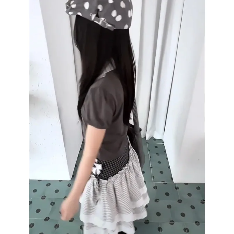 American Retro Daily Mixed Wear College Style Short Sleeved Top Casual Waist Cinched Pleated Half Skirts Autumn Y2k Vintage 2pcs