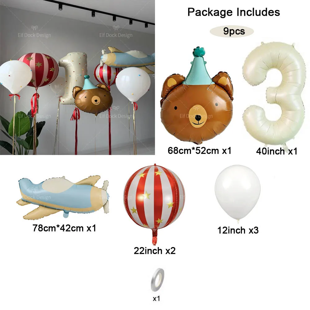 9pcs/Set Matte Airplane Cartoon Birthday Bear Red-striped Foil Balloon Cream Number for Birthday Anniversary Party Decor Gifts - view 4