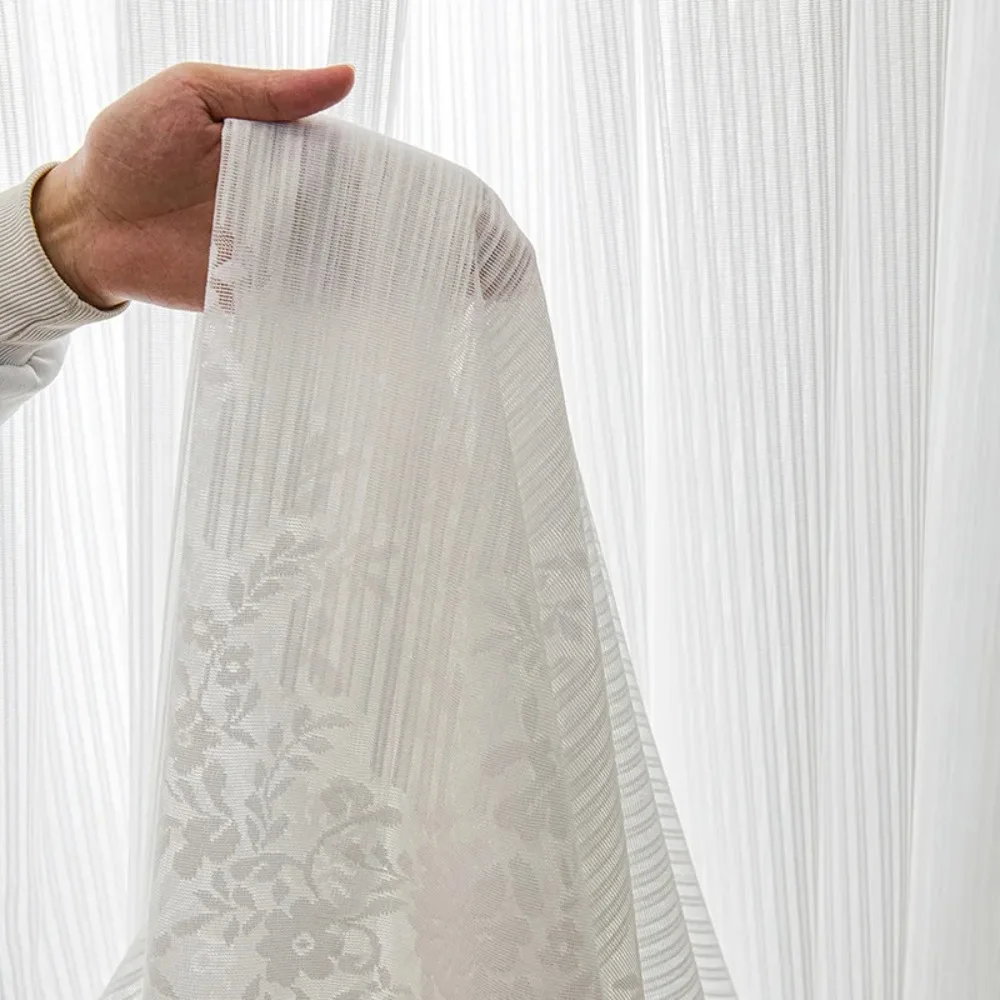 Solid White Tulle Window Sheer Curtain for Living Room and Bedroom, Striped Vertical with Jacquard Hem, Custom Made Drape
