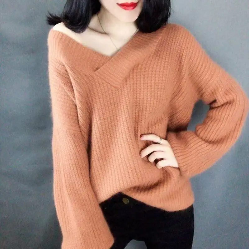 

Fashion V-Neck Solid Color All-match Sweater Women's Clothing 2025 Autumn Winter Casual Oversized Pullovers Loose Korean Tops