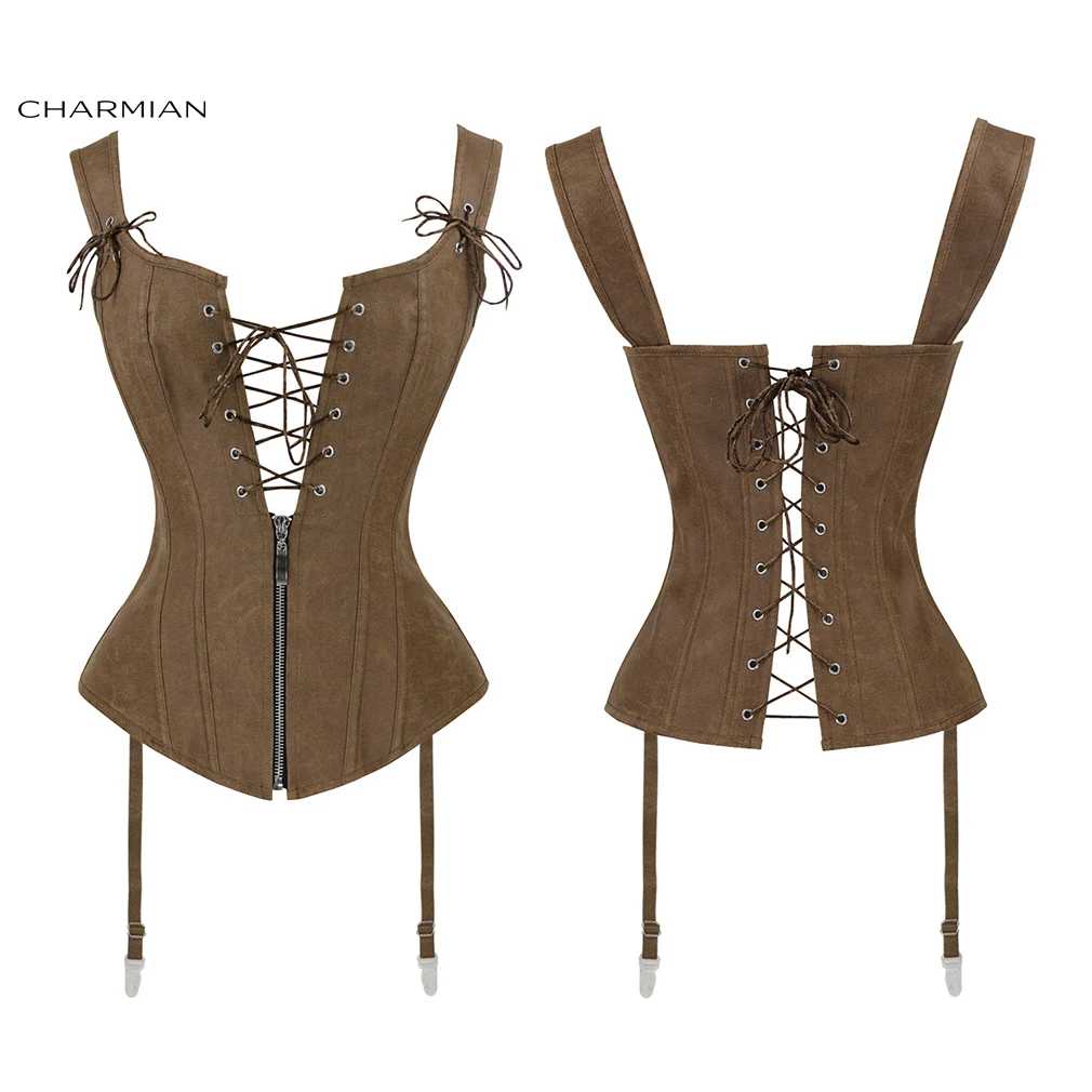 

Charmian Women Renaissance Corset Sexy Vintage Plus Size Leather Zipper Brown Corset Bustier Top With Garters Steampunk Clothing