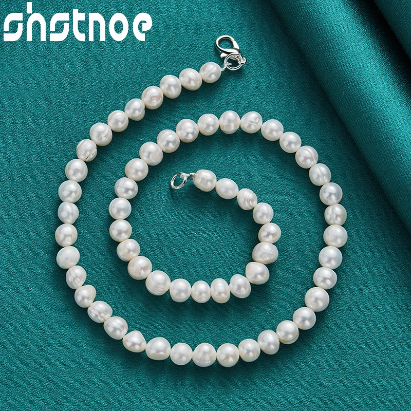 2pcs 925 Sterling Silver Charm Jewelry Sets 7-8mm White Pearl Necklace Bracelets Set For Woman Lady Party 16-18cm Classics Chain