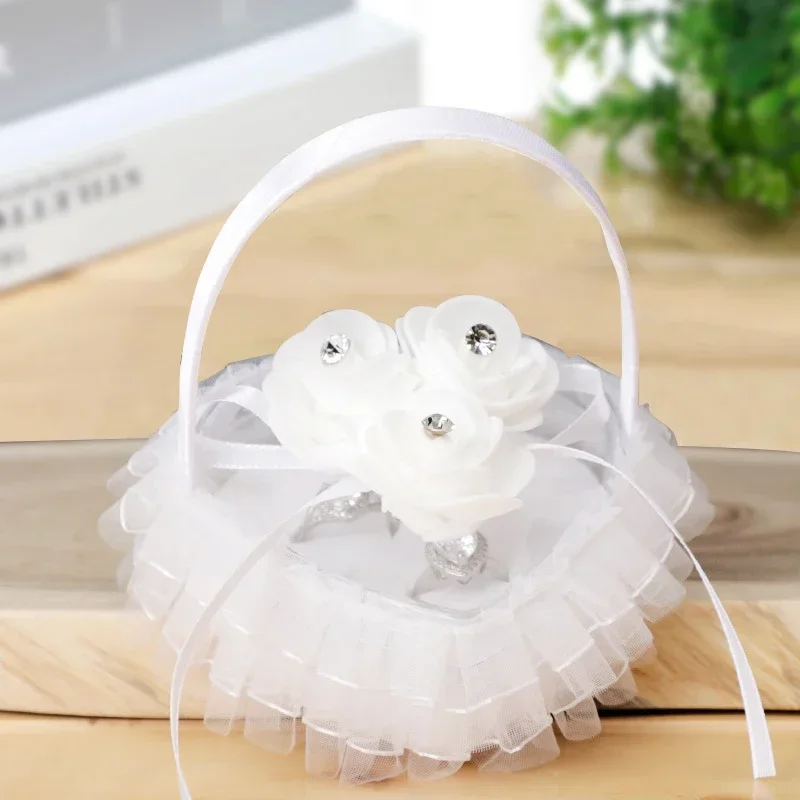 1PC Wedding Flower Girl Love Handheld Heart Shaped Ring Pillow Mini Lace Pearl Ring Box Wedding Ring Bracket