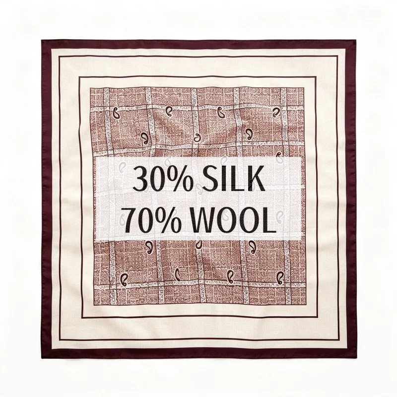 30% MULBERRY SILK 70% WOOL 70X70cm Grid Mini Paisley Double Sided Square Shawl Cream Burgundy Multi Border Bandana Travel Gift