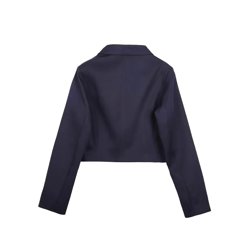 Giacca da abito blu navy Cappotto corto da donna alla moda con scollo a V Abito da donna da ufficio a maniche lunghe allentato casual