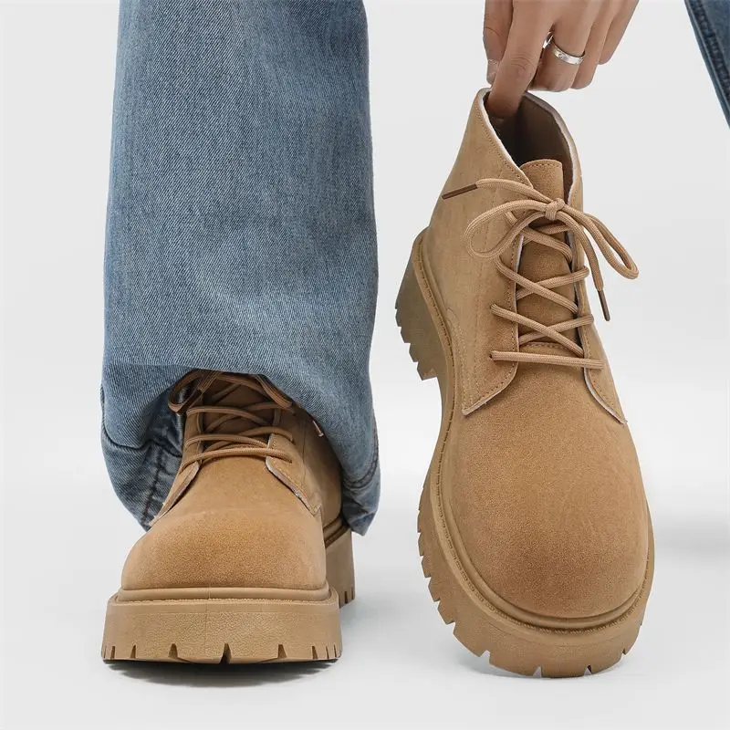 New Men British Style Yellow Retro Ankle Boots Height Increasing Workwear Motorcycle High Top Winter Snow Boots