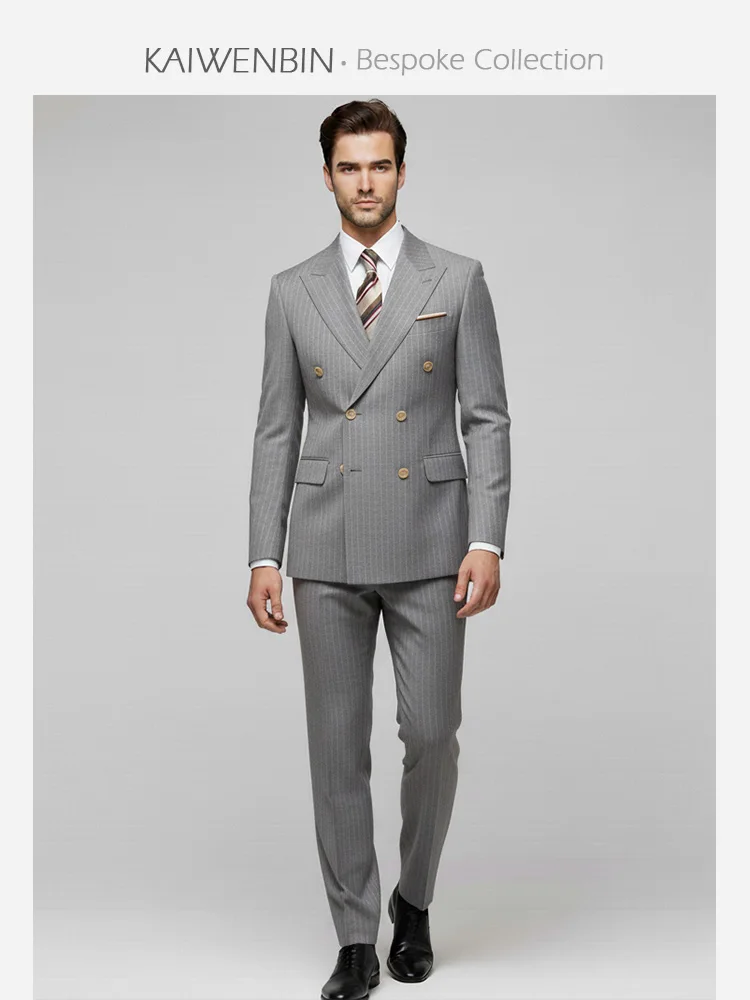 Men's 100% Wool Double Breasted Pinstriped Suit 2-Piece Slim Fit Lapel Suitable For Formal Work Office Wedding Party Outfit