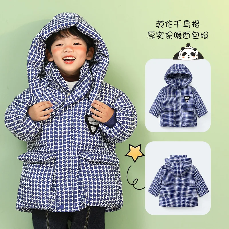 

Houndstooth Pattern Kids Winter Jacket Boys Girls Thickened Warm Hooded Down Cotton Coat for Children Windproof Cold Outerwear