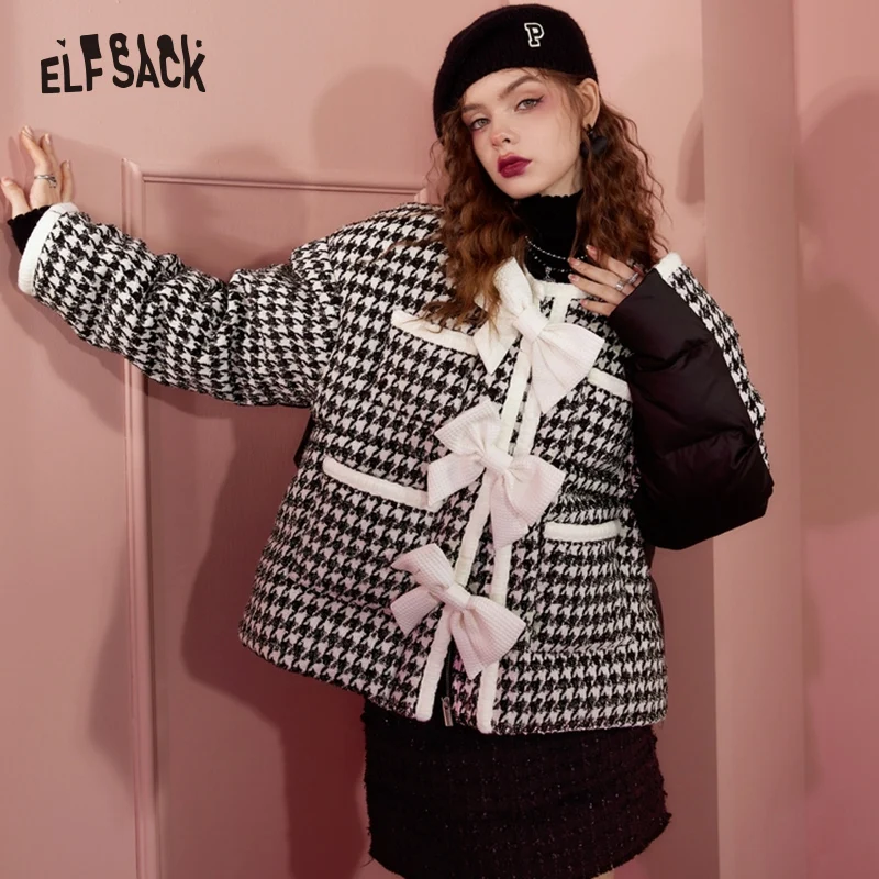 

ELFSACK Spliced Plaid Warm Down Coats Women 2022 Winter Loose Short Casual Coats