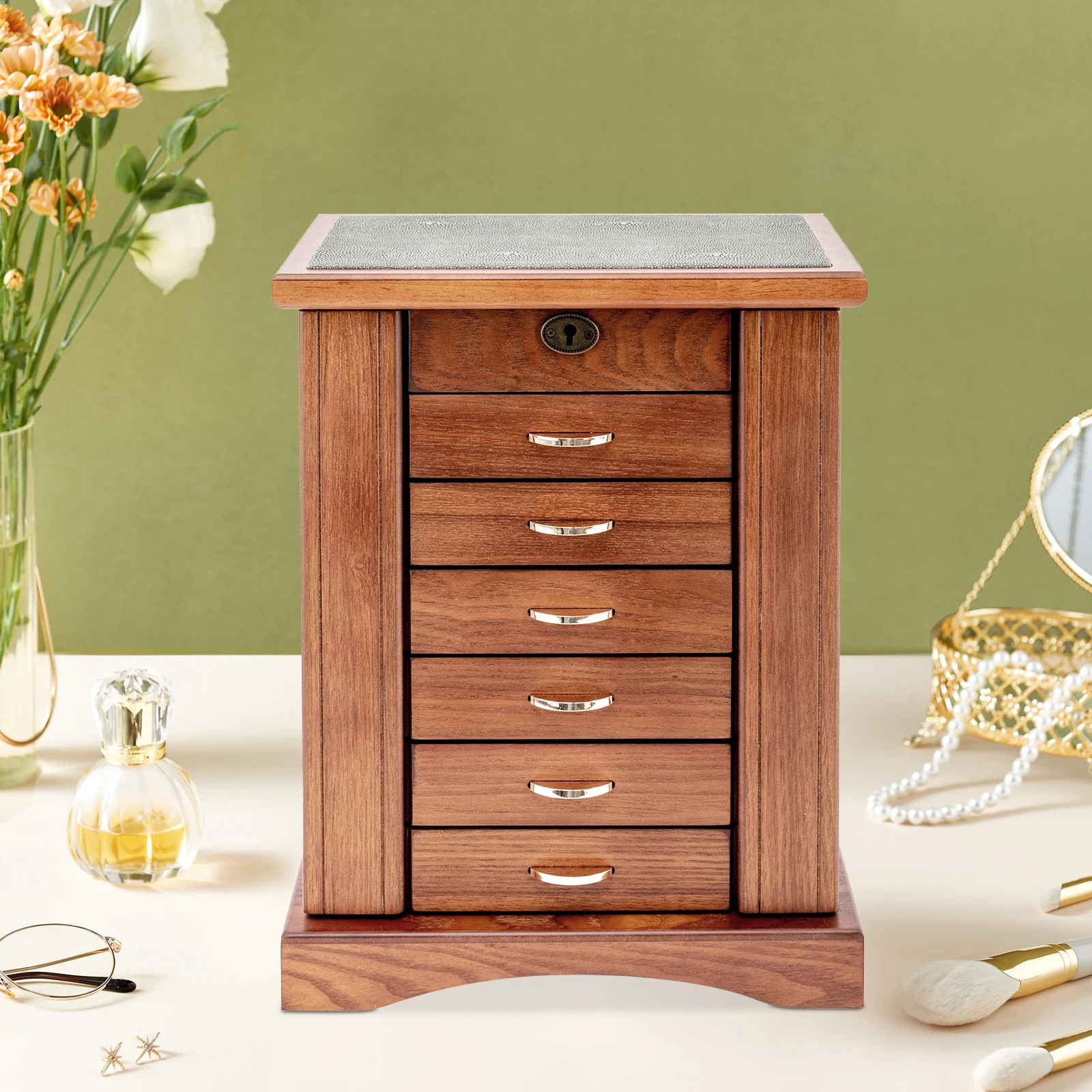 

Walnut MDF 28.3x17.6x36cm Seven-layer Jewelry Box with Lock Large-capacity Jewelry Storage Cabinet