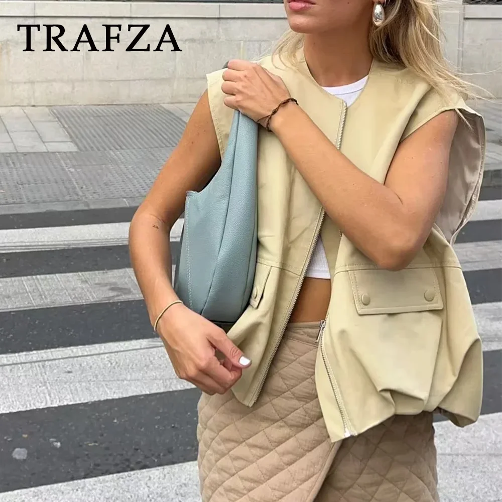 TRAFZA 2024 Spring Summer Casual Women Vests Fashion Vintage Solid Pockets Ruched O Neck Zippers Sleeveless Ladies Vests