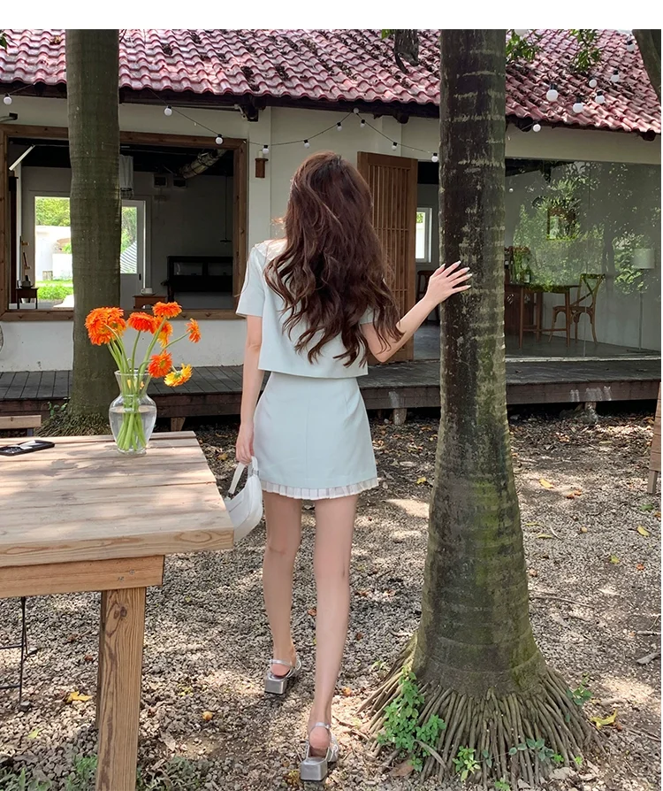 Summer Small Fragrant French Ruffles Patchwork Chic Peter Pan Collar Jacket+Slim Mini Skirt Suits 2 Pieces Sets Women\'s Outfits
