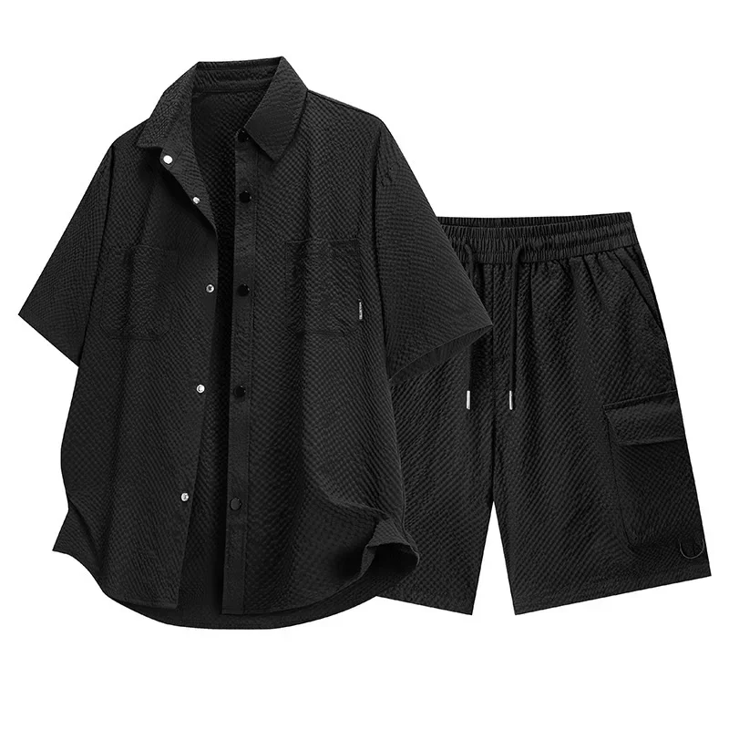 2026 New Arrival Men's Summer Casual Trendy Handsome Seersucker Short Sleeve Shirt Drawstring Cargo Shorts 2 Piece Outfit Set