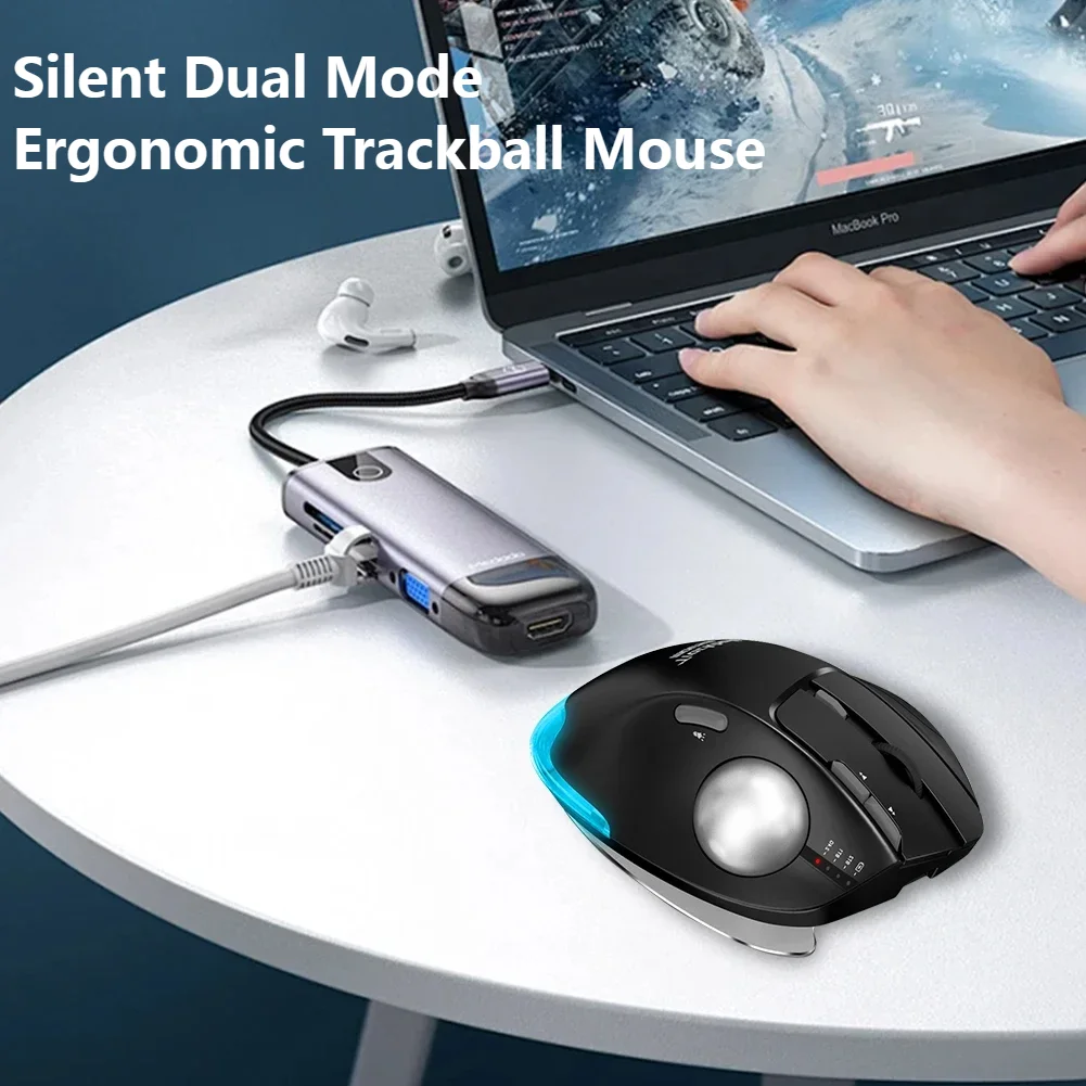 

Dual Mode Ergonomic Trackball Wireless Silent Mouse Bluetooth+2.4G Mute Ergonomic Programmable Drawing Office Vertical Mice