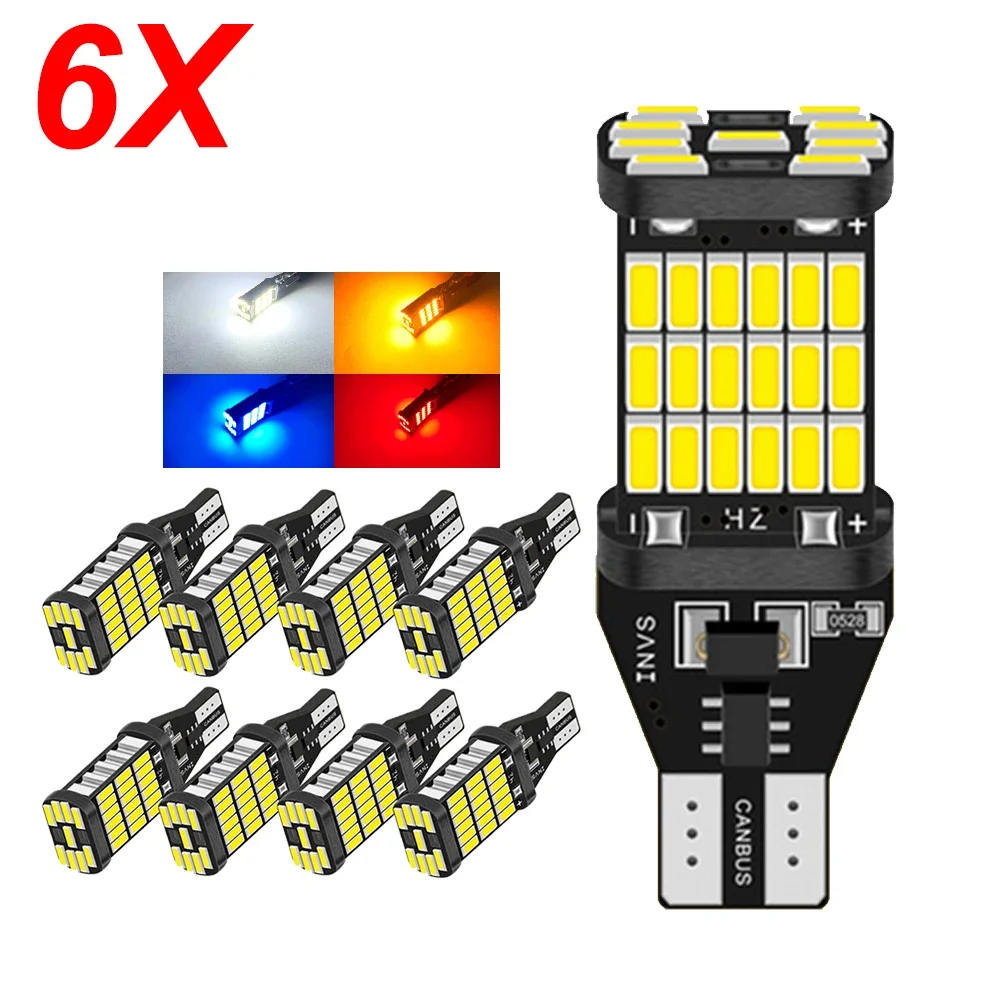 6pcs T15 4014 45chips W16W LED Backup Light Reserve Lamp Canbus Bulbs NO Error High Power LED Canbus W16W DC 12v 6000K