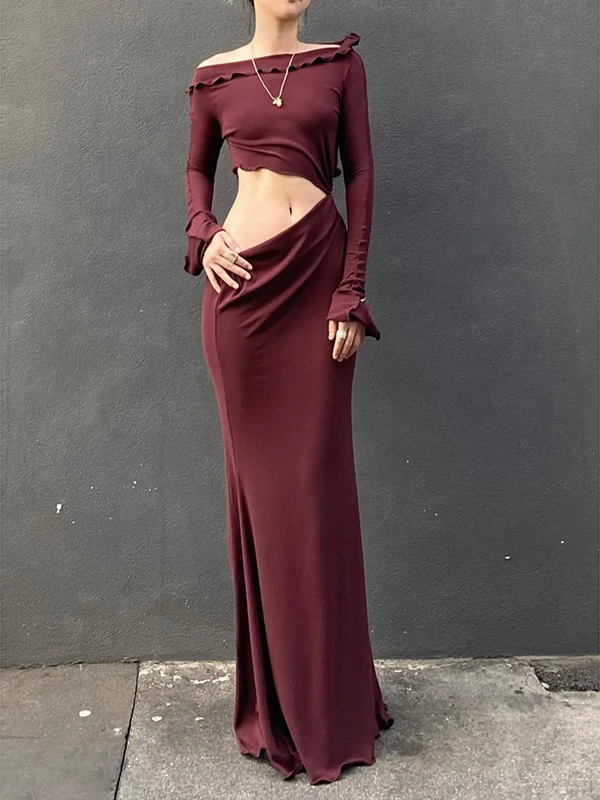 

Sexy Hollow out Red Cisas Dr oulder Bared Lace Trim Waist High Slit Bodycon Dr for Women Par Wear