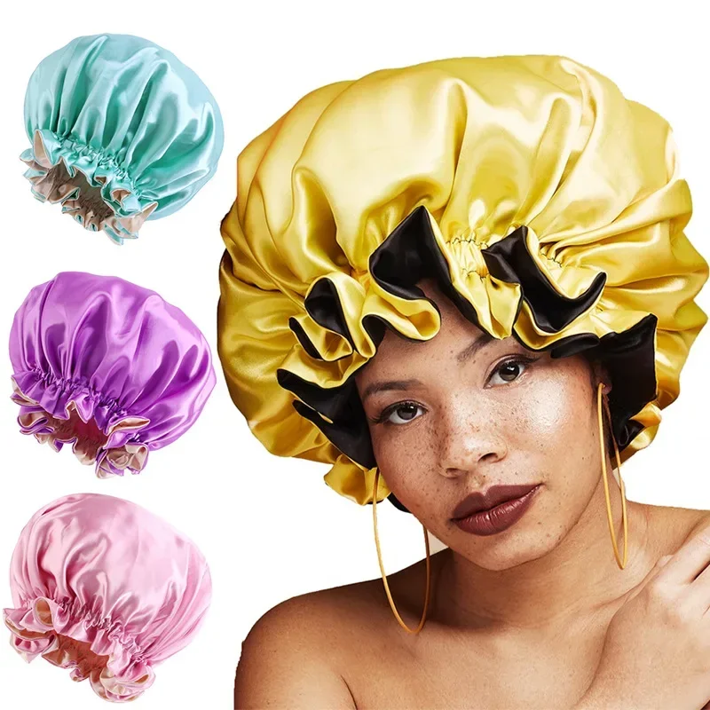 Silk Satin Sleep Cap Reversible Satin Bonnet Double Layer Waterproof Shower Cap Protect Hair Women Hair Treatment Hat