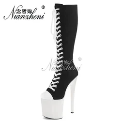 Retro Pole Dance Mid-Calf Lace Up 20cm Lace Up Thin Heels Platform 8Inch Round Toe Knee Boots Big Size 15cm Gladiator Women Shoe