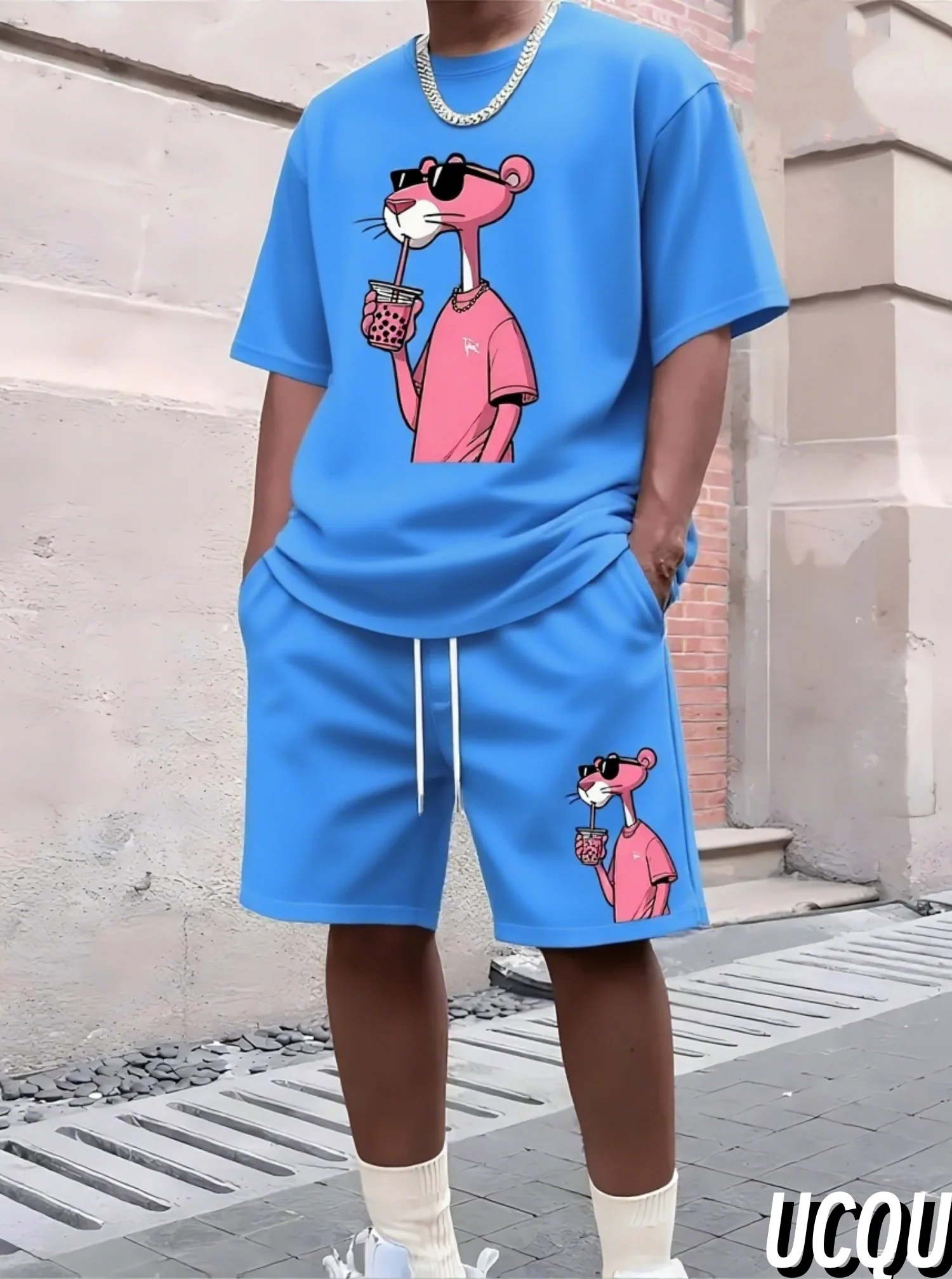 

New Classic Pink Panther Print Men's Casual Short Sleeve T-Shirt Shorts Set Adult Basketball Jogging 2 Piece Set men Clothing
