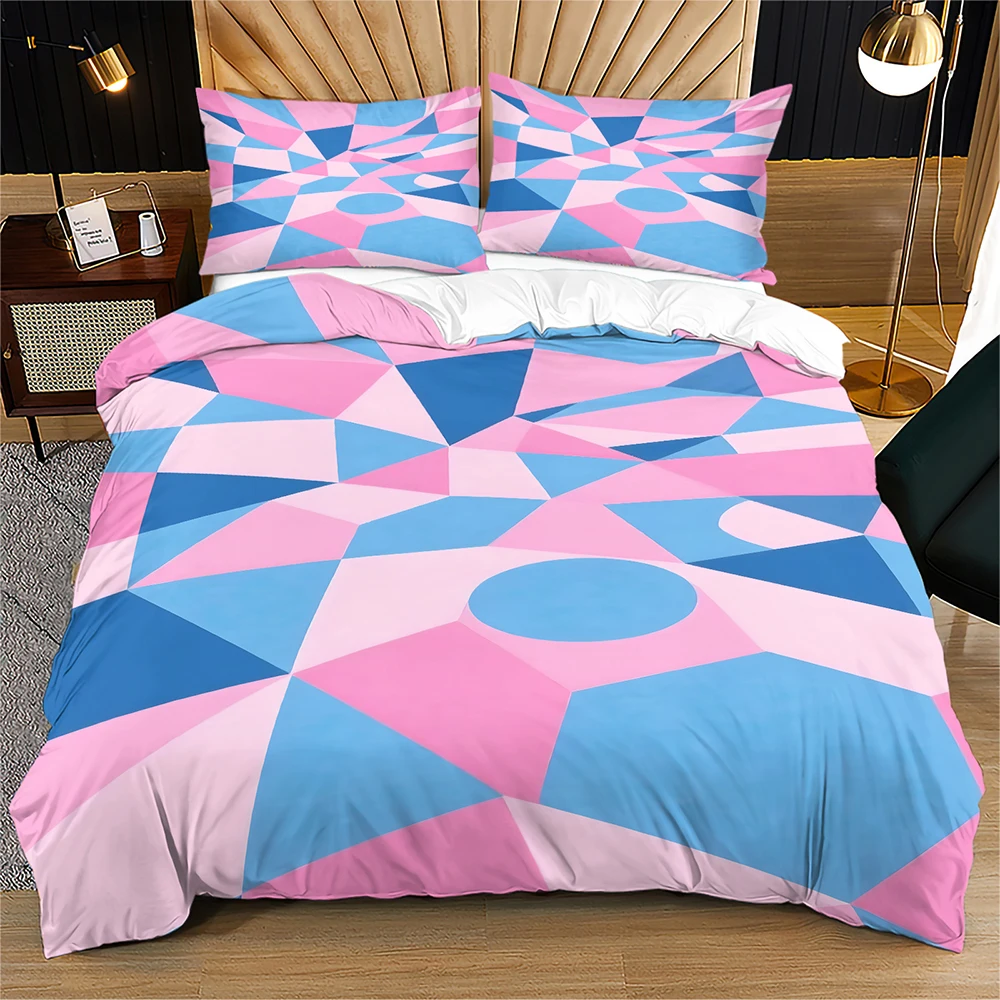 Sweet Pink Blue Geometric Duvet Cover Set Fashion Abstract Triangle Circle Color Block Bedding Set Modern Minimalist Quilt Cover