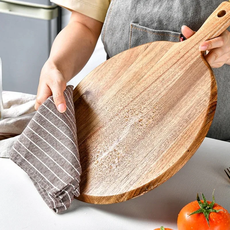

Wooden Pizza Board Round with Hand Pizza Baking Tray Pizza Stone Cutting Board Platter Cake Bakeware Tools
