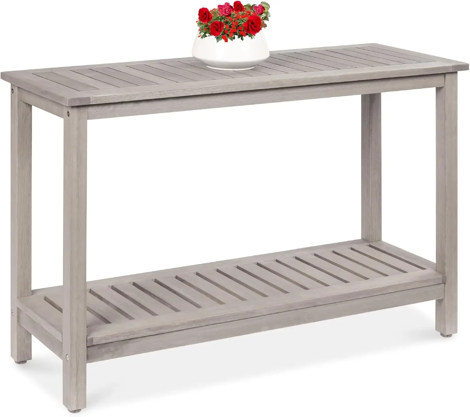 Indoor Outdoor Console Table, Eucalyptus Wood, Gray 2-Shelf Multifunctional Buffet Bar Storage Organizer