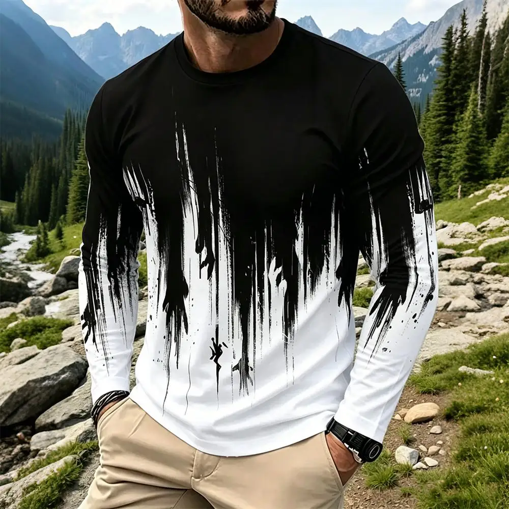 Men's Gradient Ink Splash Long Sleeve T-Shirt Casual Streetwear Crew Neck Tops New Fashion Breathable Print Base Layer Shirt
