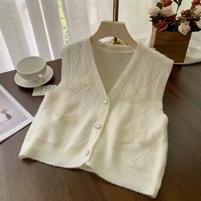 KUSAHIKI Butterfly Knot Knitted Vest Women\'s 2024 Autumn New Korean Style Causal Sweater Cardigan Waistcoat Jacket