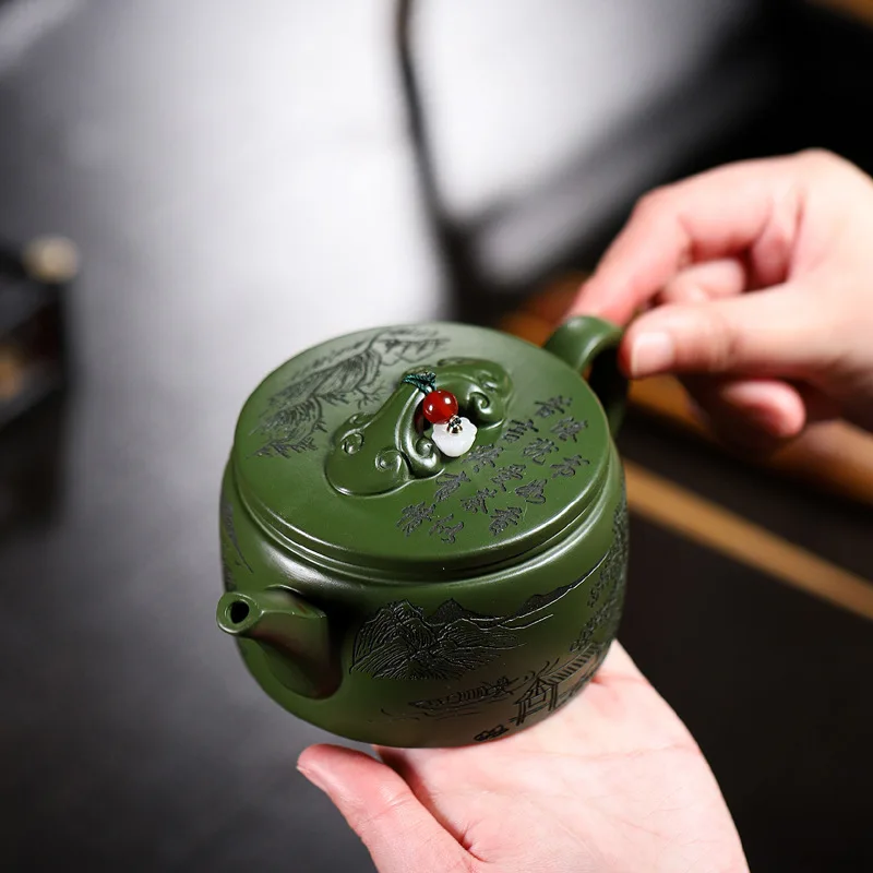 Yixing Green Zisha Teapot Handmade Purple Clay Kung Fu Tea Pot Chinese Landscape Carving 240ml