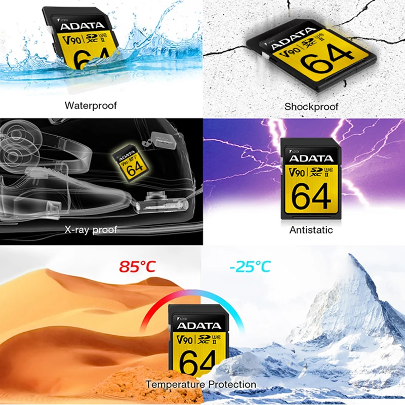 Tarjeta SD ADATA Premier ONE V90 de 64 GB, 128 GB, 256 GB, Alta Velocidad UHS-II para Cámara Profesional, Videocámara 8K, Dron, Alta Velocidad