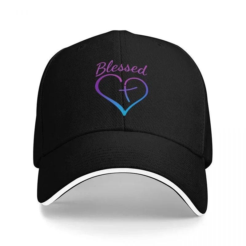 New Blessed Heart Cross Design Black Baseball Cap with Purple and Blue Gradient Logo for Faithful Style and Spiritual Expression
