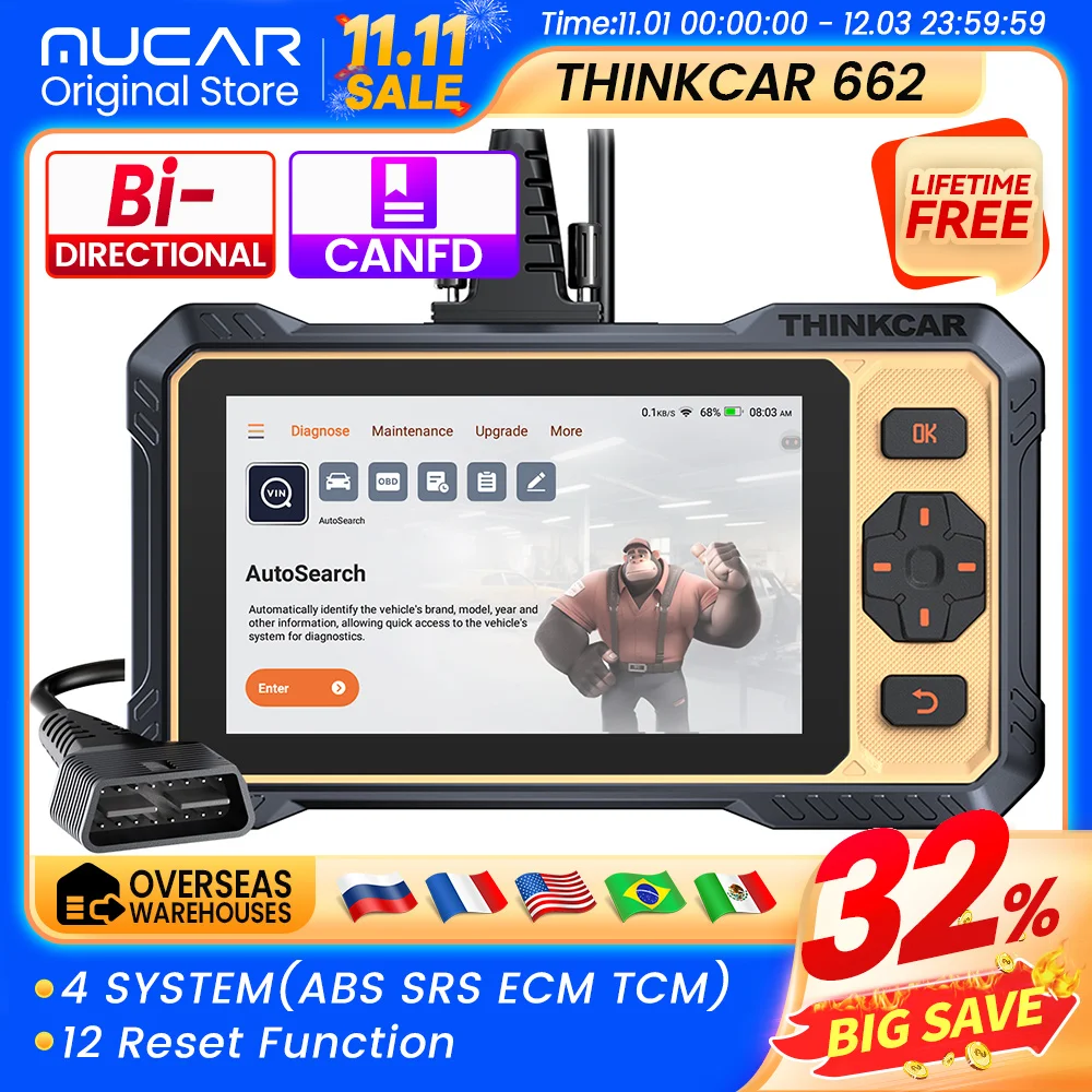 THINKCAR THINKSCAN 662 OBD2 Автоматический диагностический сканер, 4 системы ABS SRS ECM 12, двунаправленный сброс CANFD, бесплатное обновление