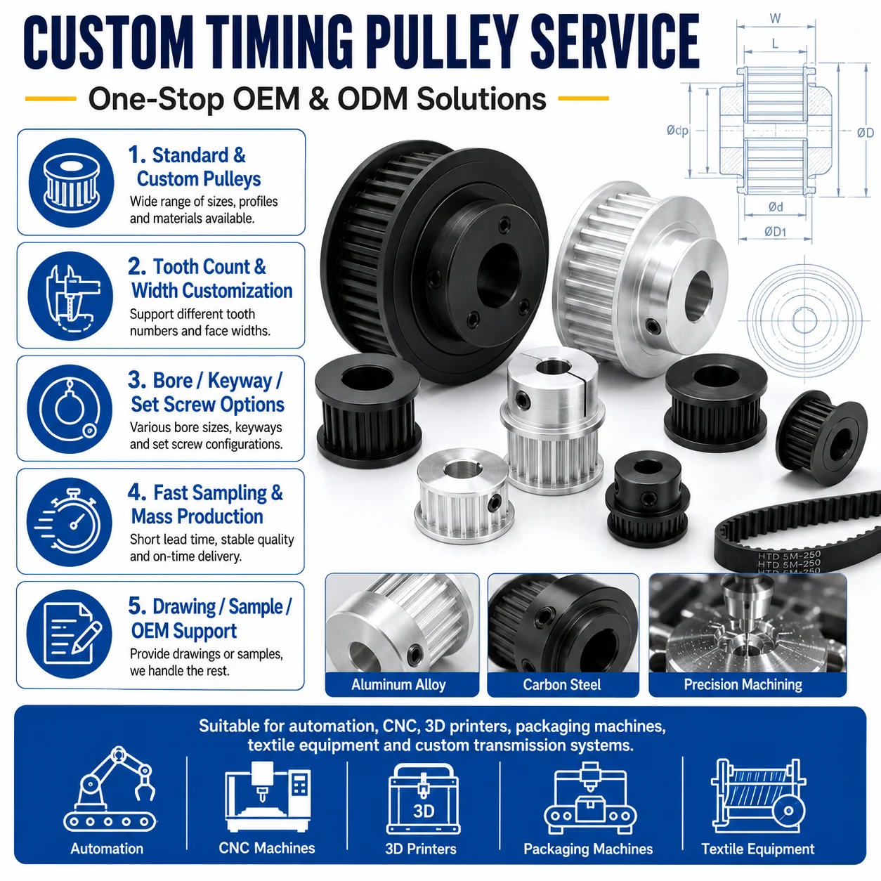 Customized 2GT S2M 2M S3M 3M S5M 5M 8M 14M MXL XL L H XH T5 T10 T20 dedicated drive timing pulleys and timing pulley sets