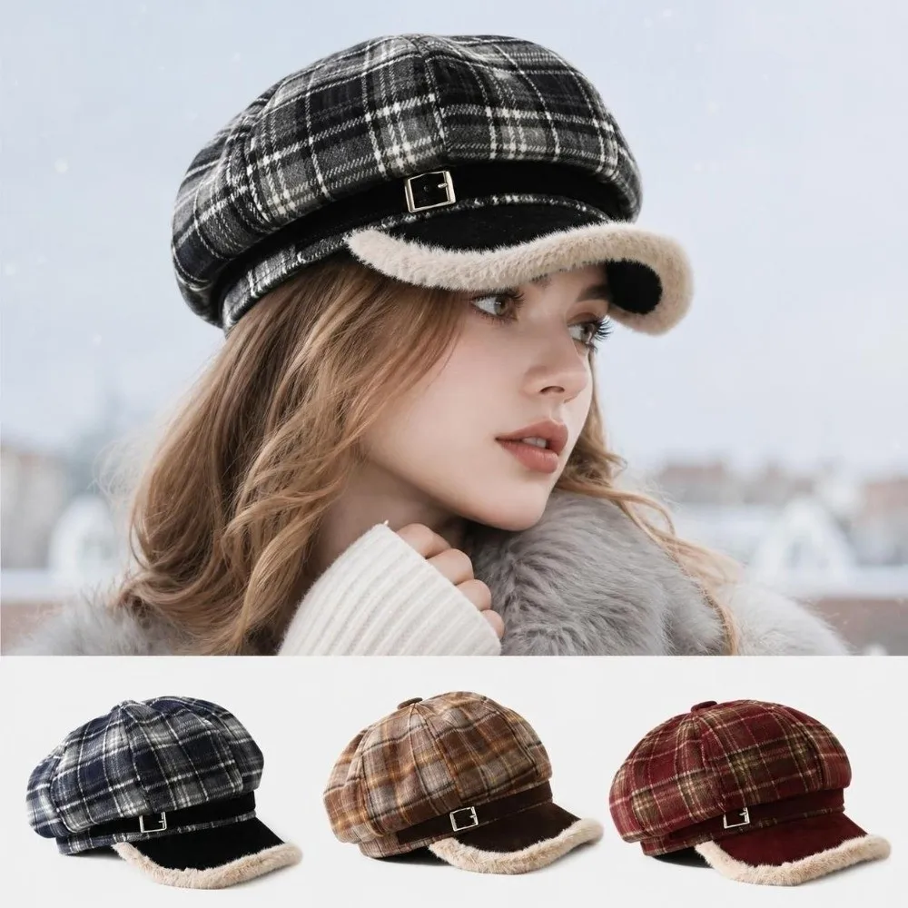 Gorra Newsboy Vintage con Forro de Piel Sintética, Forro Cálido, Ajustable, con Visera, Diseño a Cuadros, Gorra Octogonal de Invierno