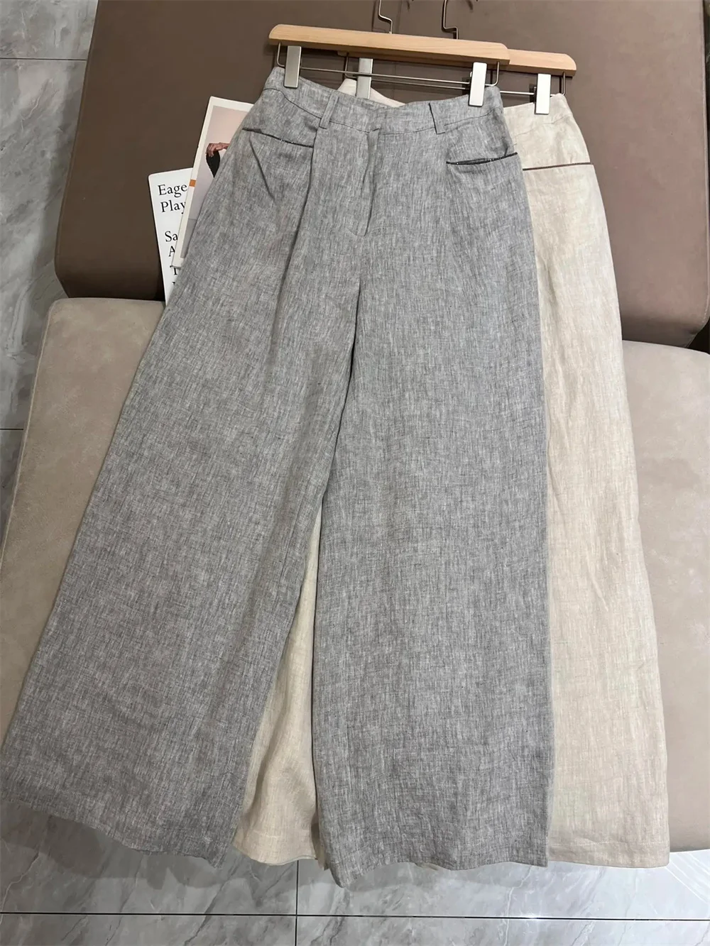 

Women's 100 Linen Beaded Trousers and High-Waisted Wide-Leg Pants