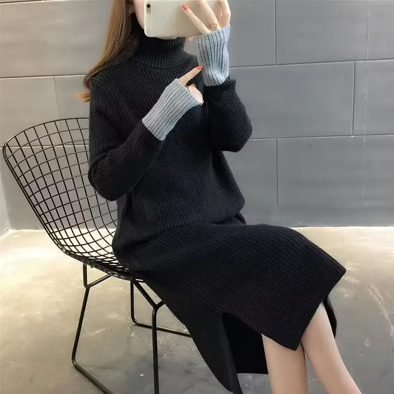 New Autumn Winter Women Knitted Dress Thick Warm Turtleneck Sweater Dresses Lady Bodycon Long Sleeve Bottoming Dress Vestidos